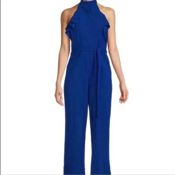 Bebe Halter Jumpsuit Double Ruffle Collar Cobalt Blue 4 / S NWT - Picture 2 of 4